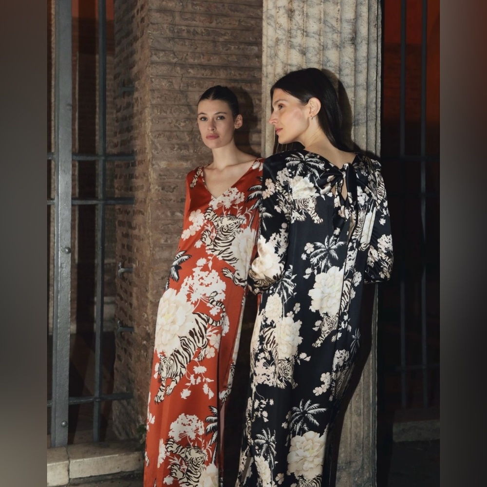 LAS SURENAS Tiger Romantic Silk Maxi Dress In Black - Picture 5 of 14